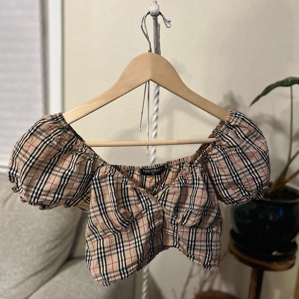 The Kript Beige Black Red Plaid Crop Top size XS